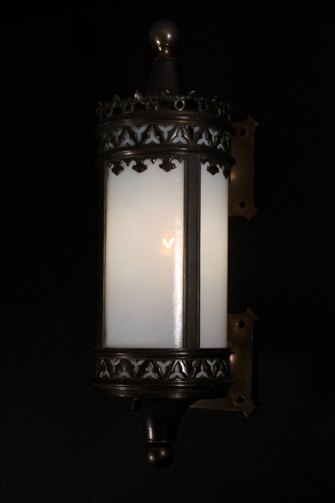 SOLD Splendid Antique Bronze Exterior Lantern with Original Opalescent Glass, c. 1905-20292