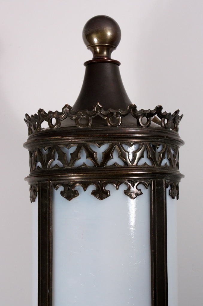 SOLD Splendid Antique Bronze Exterior Lantern with Original Opalescent Glass, c. 1905-20293