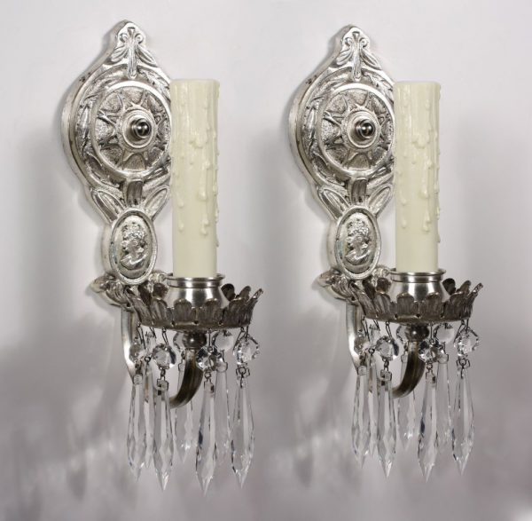 SOLD Pair of Antique Neoclassical Single-Arm Figural Silver Plated Sconces with Woman’s Face-0