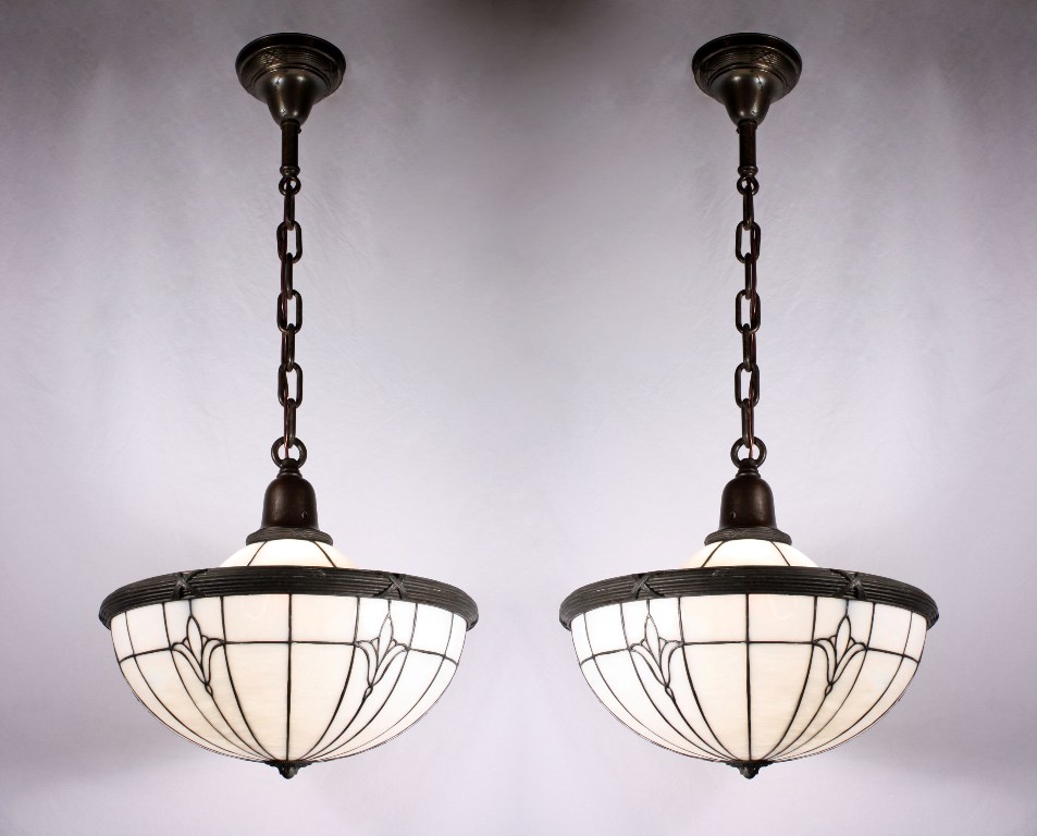SOLD Two Matching Antique Neoclassical Pendant Lights, Original Opalescent Leaded Glass, c. 1895-1905-0