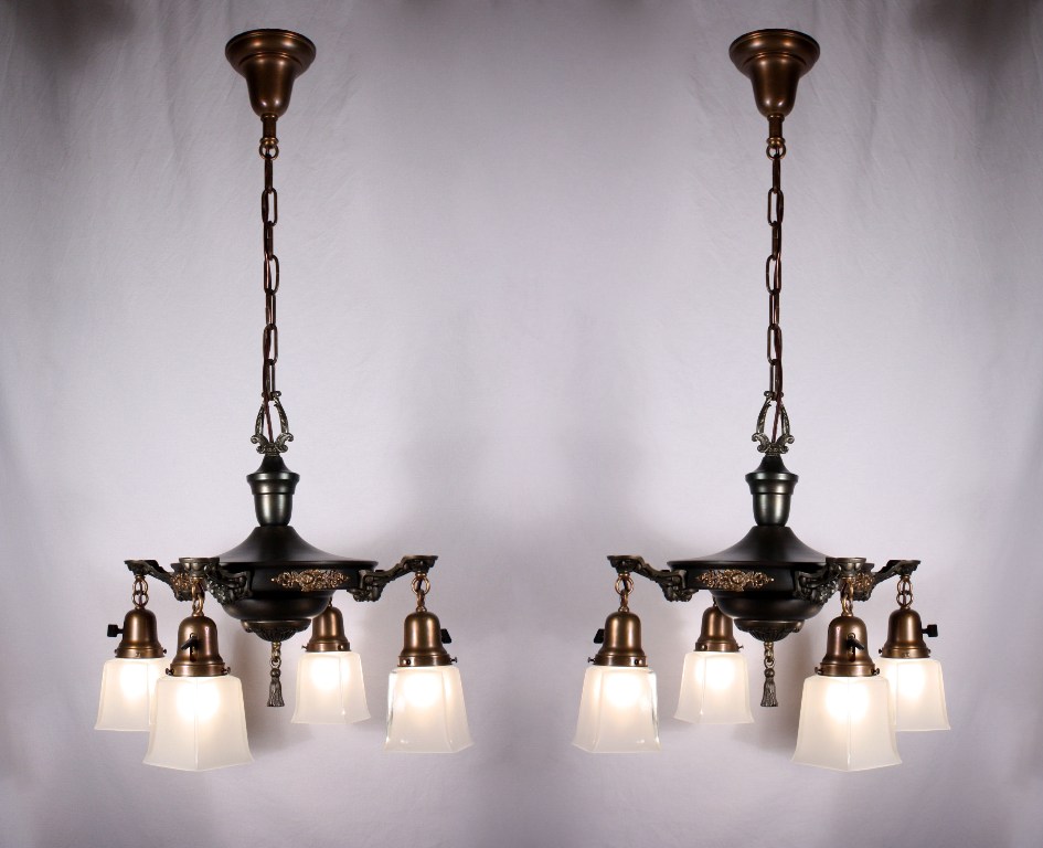 SOLD Two Matching Antique Four-Light Neoclassical Chandeliers with Shades-0