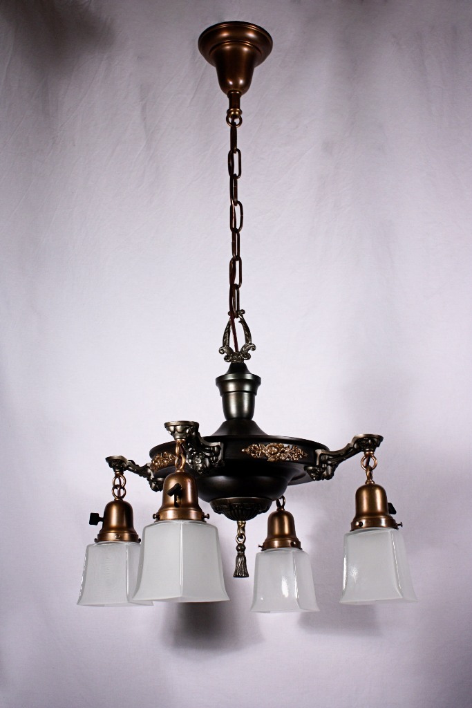 SOLD Two Matching Antique Four-Light Neoclassical Chandeliers with Shades-20859