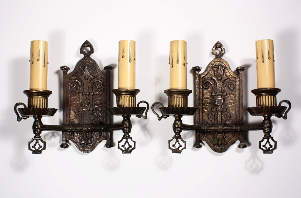 SOLD Handsome Pair of Antique Cast Brass Spanish Revival Double-Arm Sconces-0