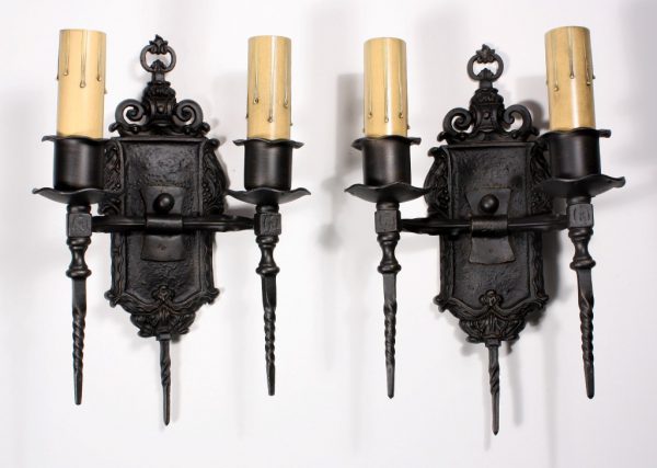 SOLD Regal Pair of Antique Spanish Revival Double-Arm Sconces, c. 1920's-0