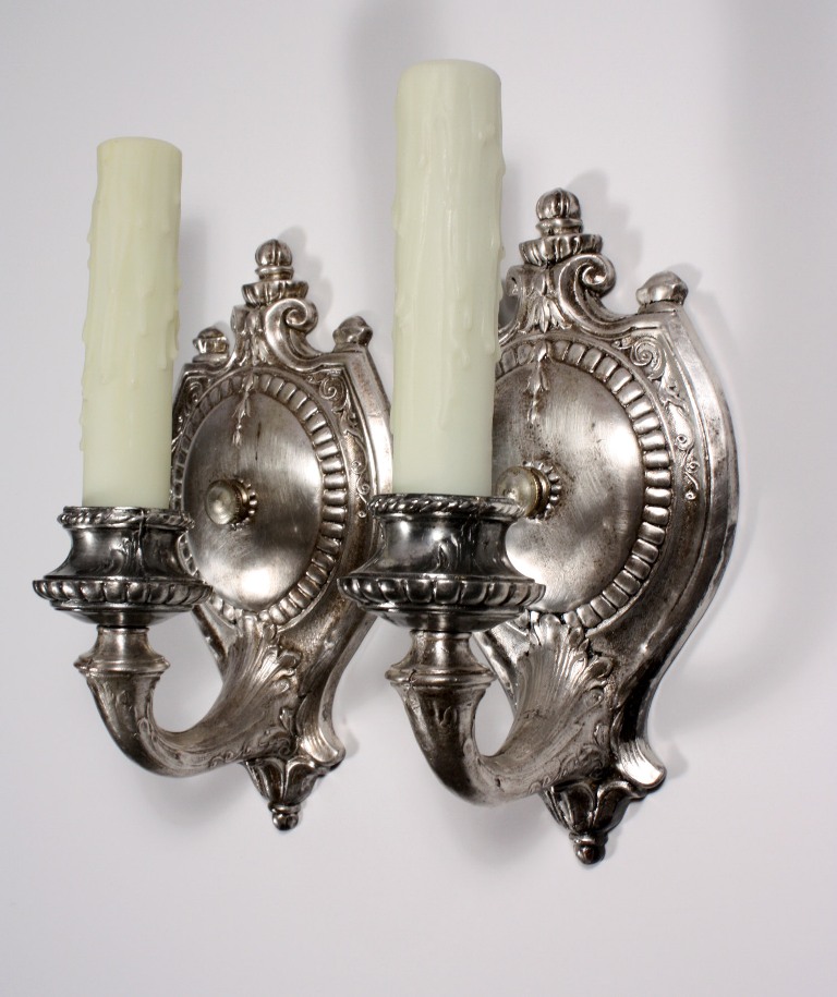 SOLD Gorgeous Pair of Antique Neoclassical Silver Plated Sconces, c. 1915-0