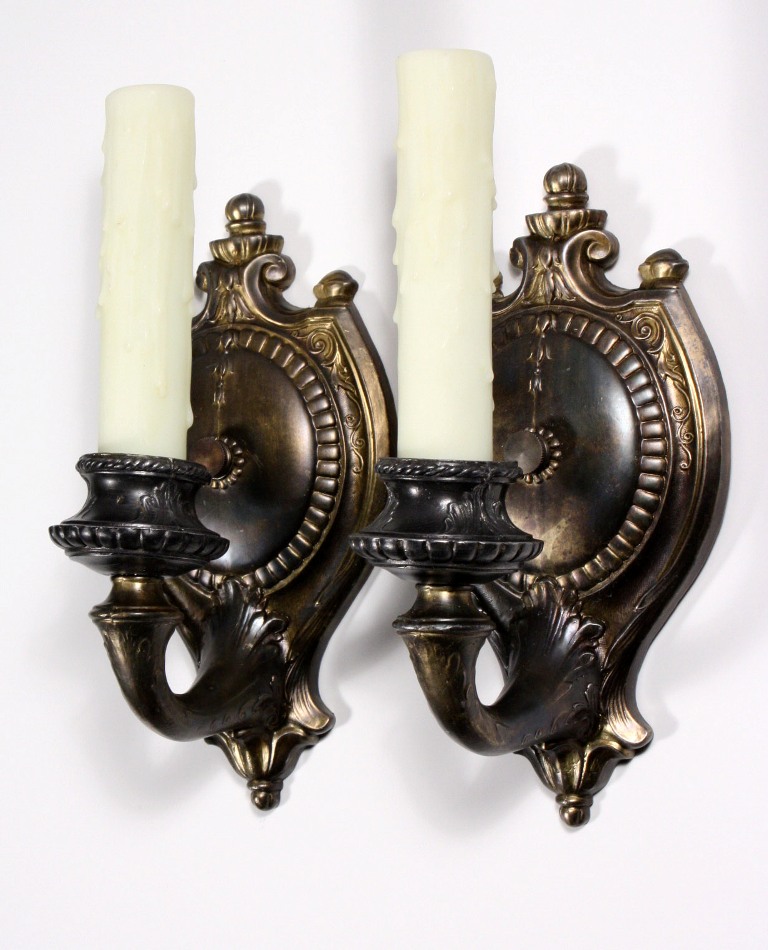 SOLD Beautiful Pair of Antique Neoclassical Pewter Sconces, c. 1915-0