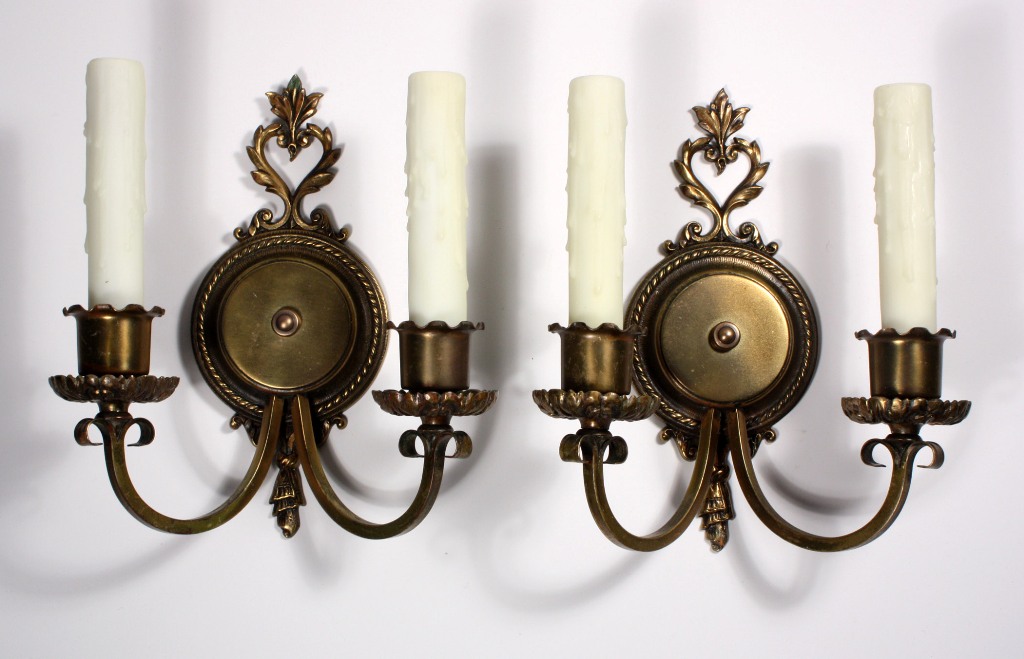 SOLD Elegant Pair of Antique Georgian Cast Bronze Double-Arm Sconces with Unusual Heart Design-20755