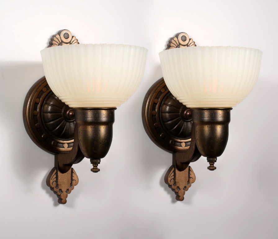 SOLD Amazing Pair of Antique Single-Arm Art Deco Sconces with Original Opalescent Sit-In Shades-0