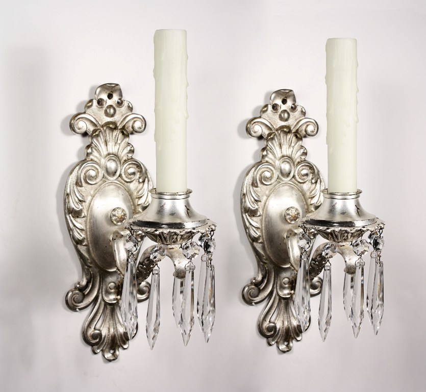 SOLD Elegant Pair of Antique Art Nouveau Silver Plated Sconces with Prisms, c. 1910-0