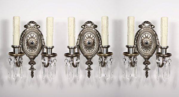 SOLD Three Matching Antique Double-Arm Georgian Sconces, Silver Plated with Prisms-0