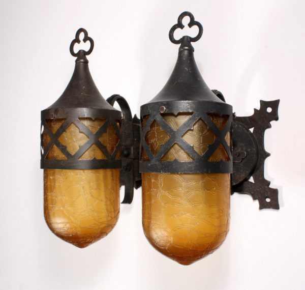 SOLD Fabulous Pair of Antique Single-Arm Sconces with Amber Glass Bullet Shades-0