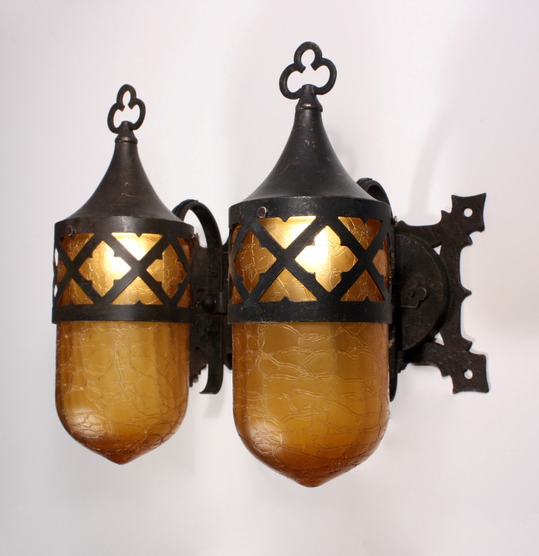 SOLD Fabulous Pair of Antique Single-Arm Sconces with Amber Glass Bullet Shades-20798