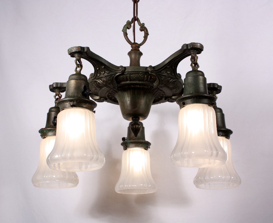 SOLD Superb Antique Neoclassical Five-Light Pewter Chandelier with Shades, Original Polychrome Finish-0