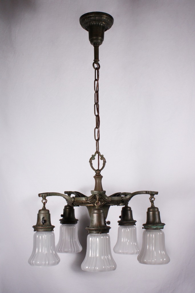 SOLD Superb Antique Neoclassical Five-Light Pewter Chandelier with Shades, Original Polychrome Finish-20880