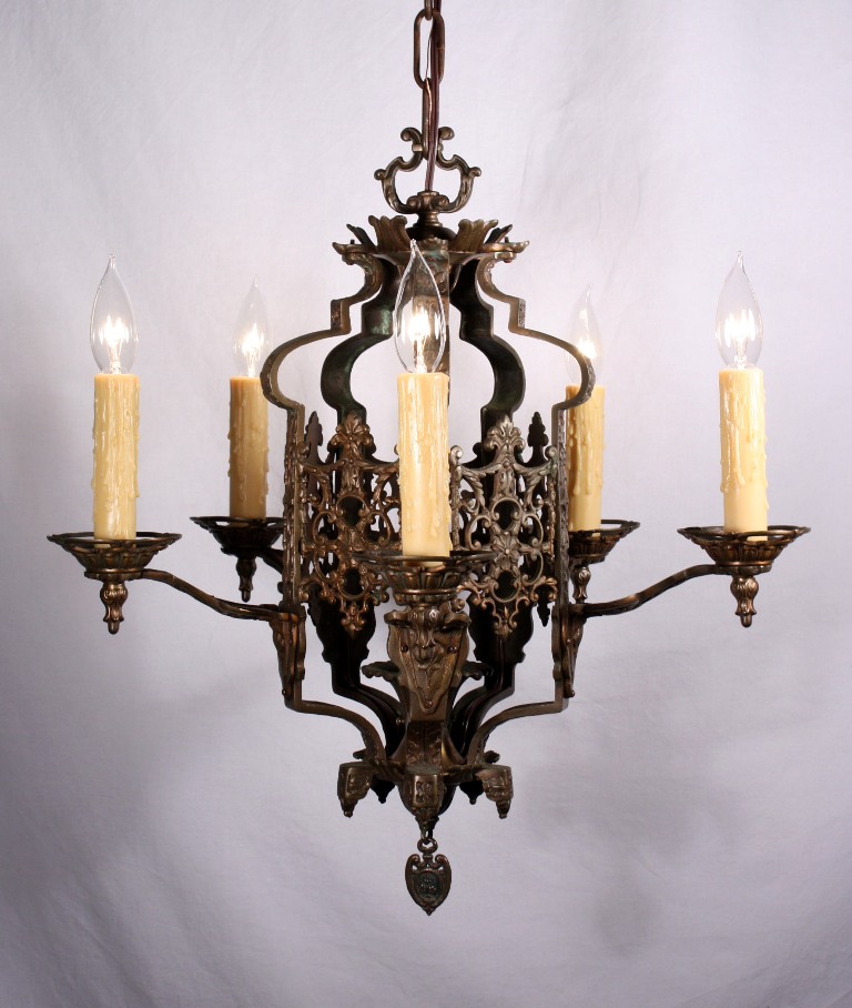 SOLD Marvelous Antique Five-Light Cast Bronze Chandelier, Matching Three-Light Available-0
