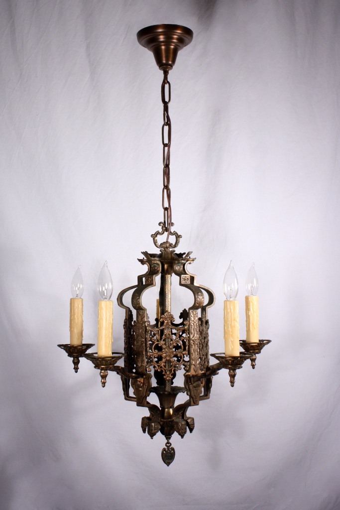 SOLD Marvelous Antique Five-Light Cast Bronze Chandelier, Matching Three-Light Available-20903