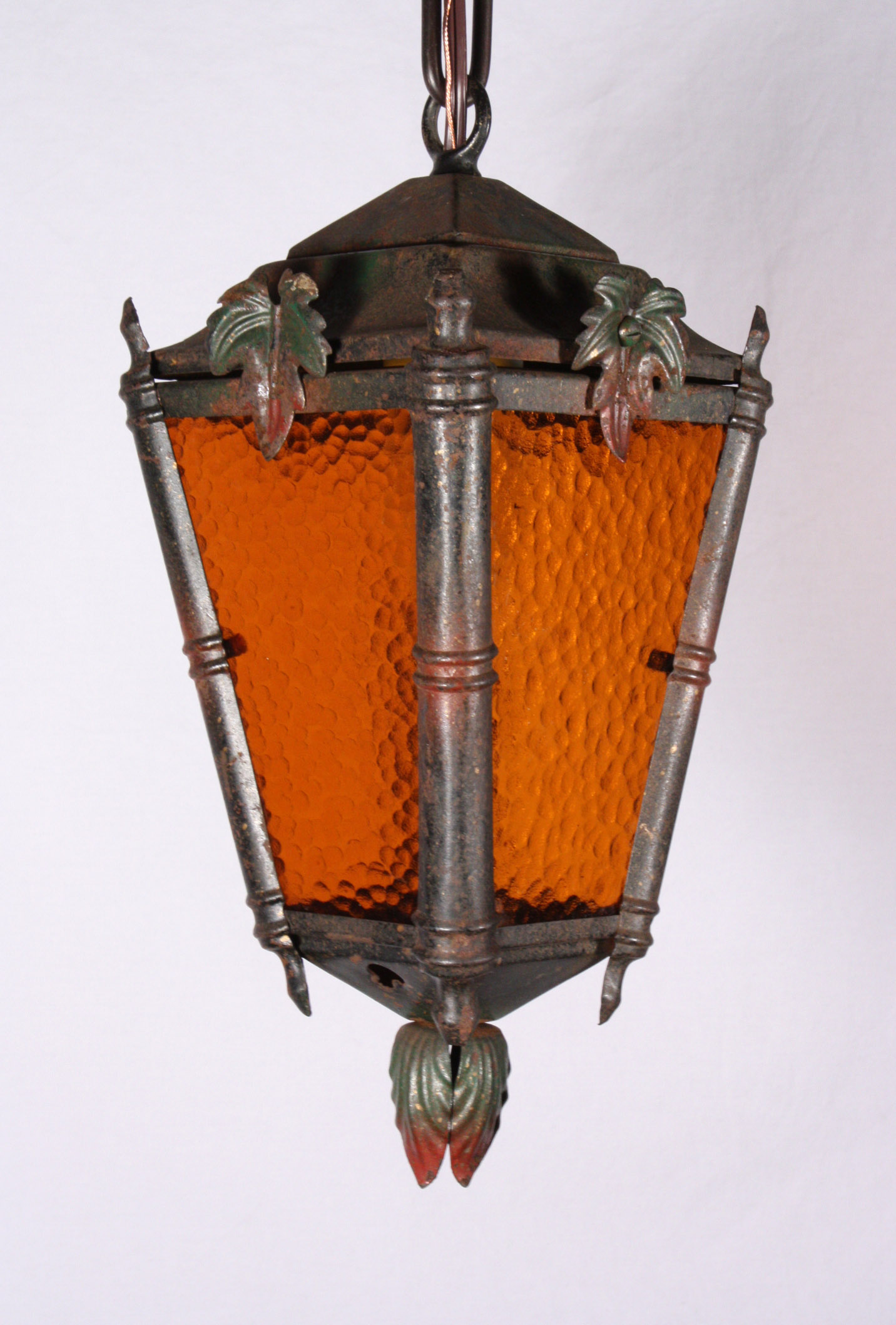 SOLD Delightful Antique Lantern with Maple Leaves, Original Polychrome Finish, c. 1920’s-21010