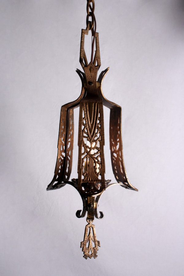 SOLD Striking Antique Art Deco Cast Bronze Pendant Light with Pierced Design-0