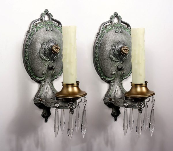 SOLD Graceful Pair of Antique Single-Arm Sconces with Prisms & Polychrome Vines & Flowers-0
