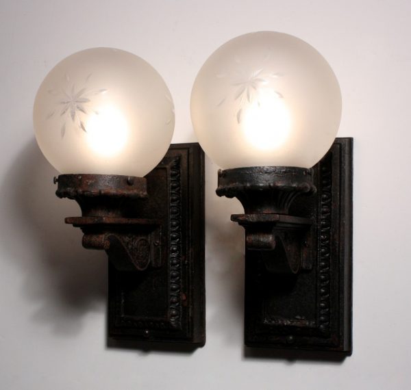 SOLD Stunning Pair of Antique Neoclassical Exterior Sconces with Original Hand-Cut Globes, c. 1910-0