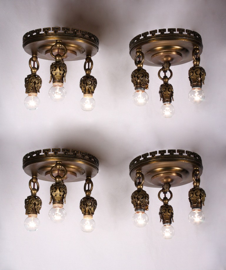 SOLD Four Matching Antique Neoclassical Three-Light Flush-Mount Light Fixtures, Bronze, c. 1905-0