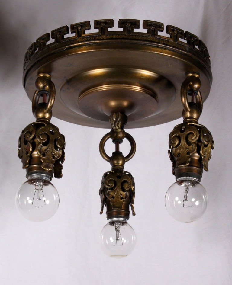 SOLD Four Matching Antique Neoclassical Three-Light Flush-Mount Light Fixtures, Bronze, c. 1905-21300