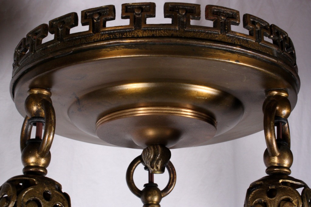 SOLD Four Matching Antique Neoclassical Three-Light Flush-Mount Light Fixtures, Bronze, c. 1905-21295