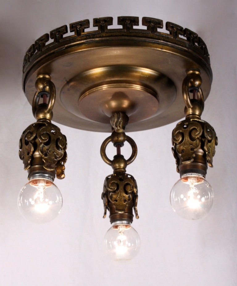 SOLD Four Matching Antique Neoclassical Three-Light Flush-Mount Light Fixtures, Bronze, c. 1905-21296