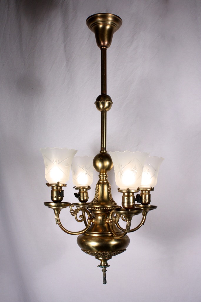 SOLD Splendid Antique Four-Light Brass Victorian Chandelier, 19th Century-0