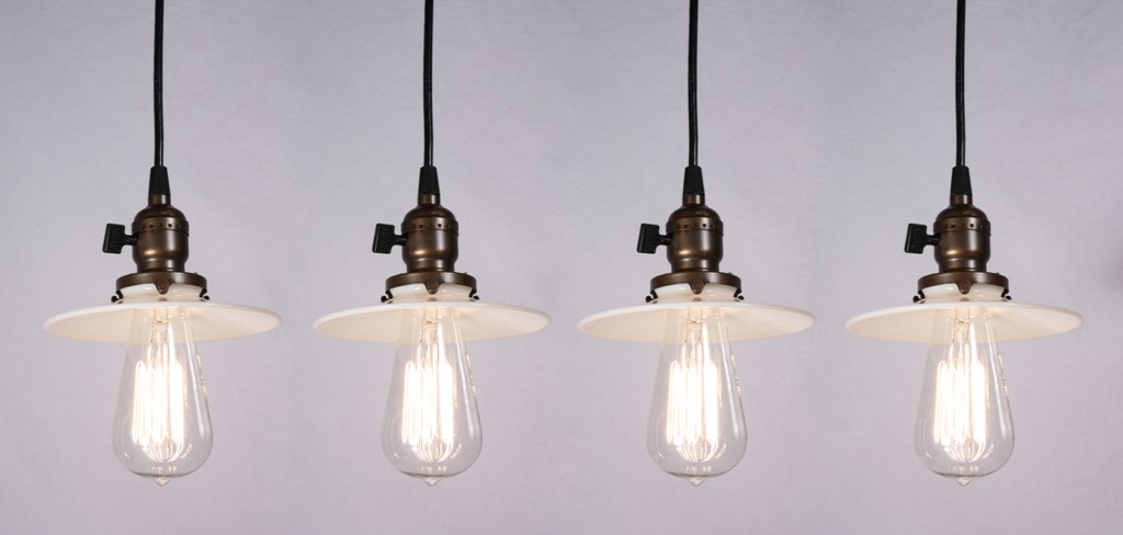 SOLD Four Matching Antique Industrial Pendant Lights with Milk Glass Shades, c. 1910 -- TWO AVAILABLE-0