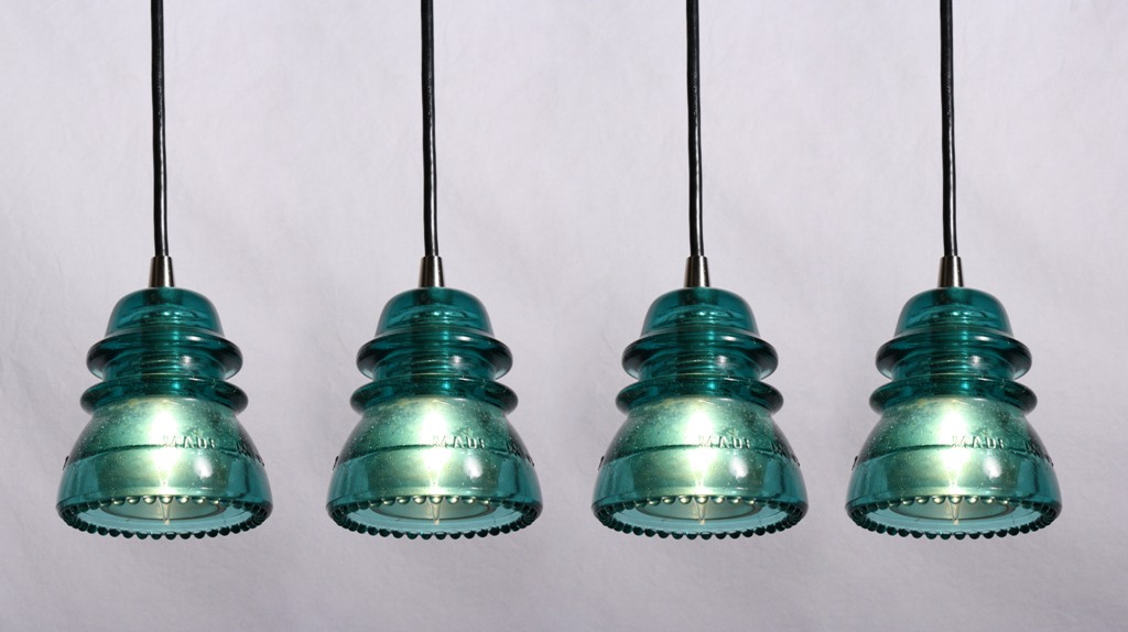 SOLD Industrial Pendant Lights Made from Antique Glass Insulators, Chrome Fittings-0