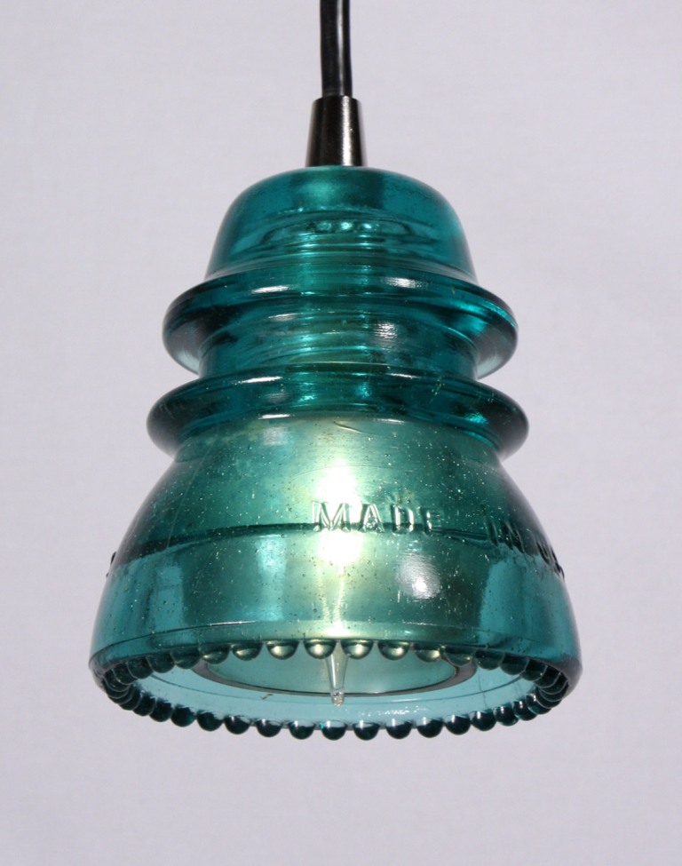 SOLD Industrial Pendant Lights Made from Antique Glass Insulators, Chrome Fittings-21421