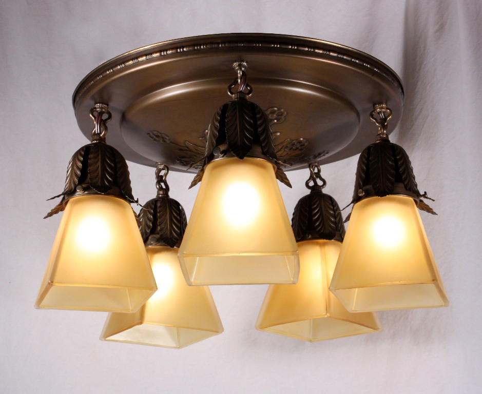 SOLD Amazing Antique Brass Five-Light Flush-Mount Chandelier with Shades-0