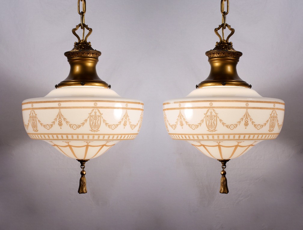SOLD Two Matching Antique Lightolier Pendant Lights, Pewter & Brass with Original Finish-0