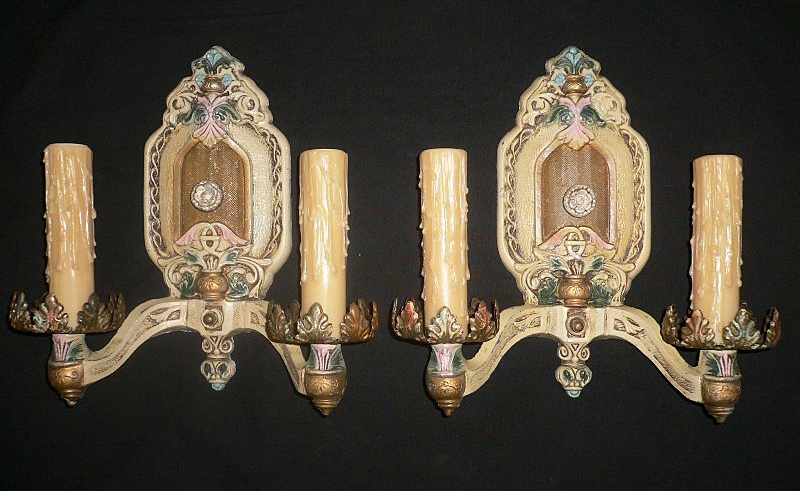 SOLD Delightful Pair of Polychrome Antique Sconces-0