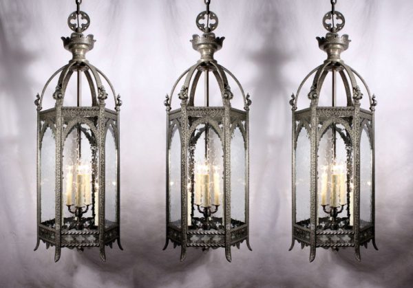 SOLD Six Matching Large Antique Gothic Revival Six-Light Lanterns-0