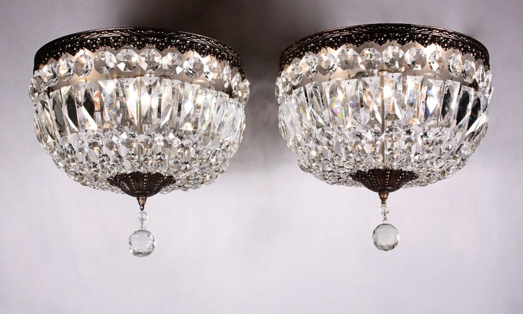 SOLD Two Matching Antique Flush-Mount Light Fixtures, Crystal & Brass-0