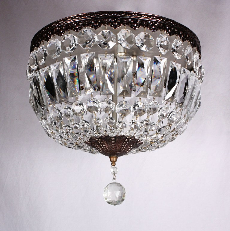 SOLD Two Matching Antique Flush-Mount Light Fixtures, Crystal & Brass-21247