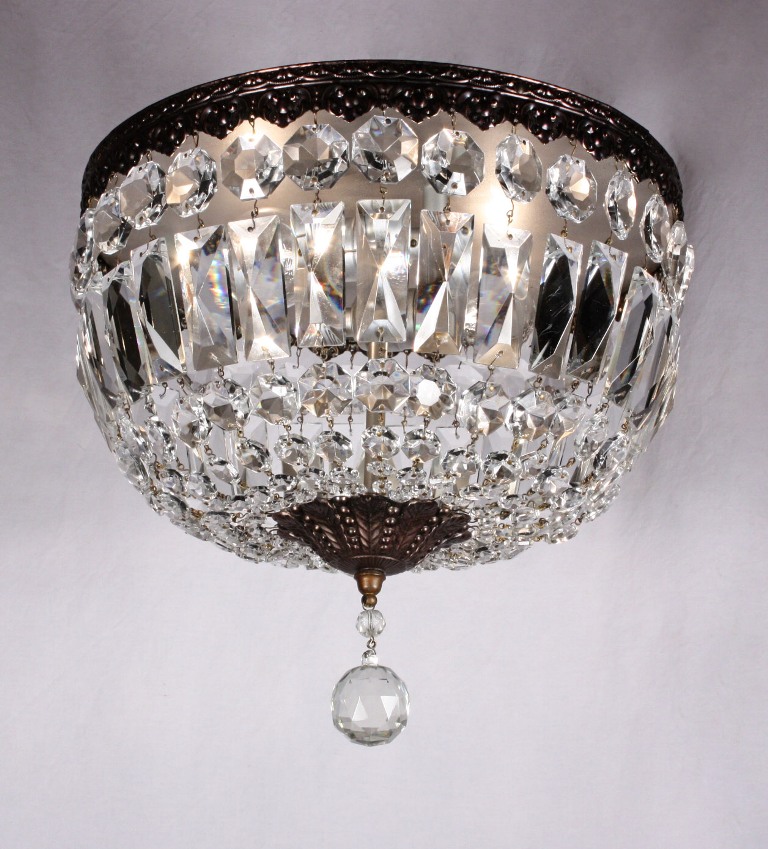 SOLD Two Matching Antique Flush-Mount Light Fixtures, Crystal & Brass-21245