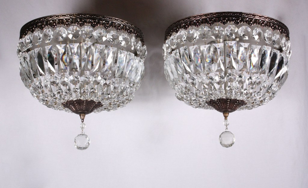 SOLD Two Matching Antique Flush-Mount Light Fixtures, Crystal & Brass-21248