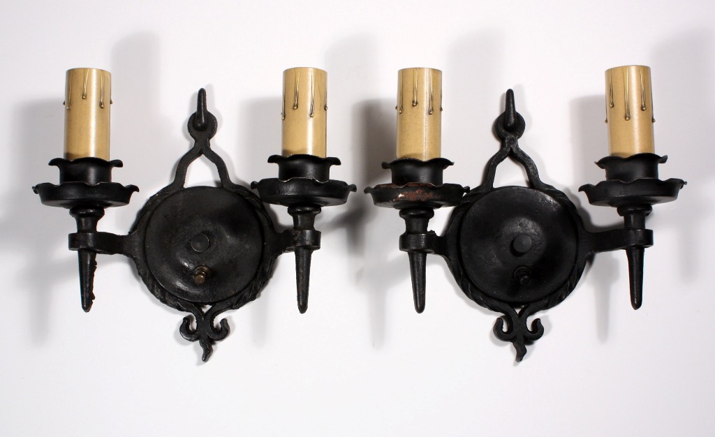 SOLD Wonderful Pair of Antique Iron Double-Arm Tudor Sconces-0