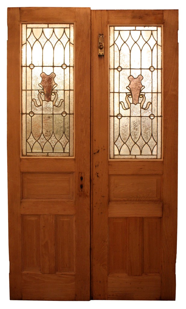 SOLD Splendid Antique Pair of Chestnut Doors with Stained Glass, Early 1900’s-0