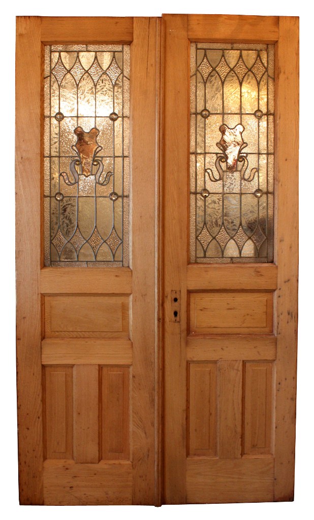 SOLD Splendid Antique Pair of Chestnut Doors with Stained Glass, Early 1900’s-21605