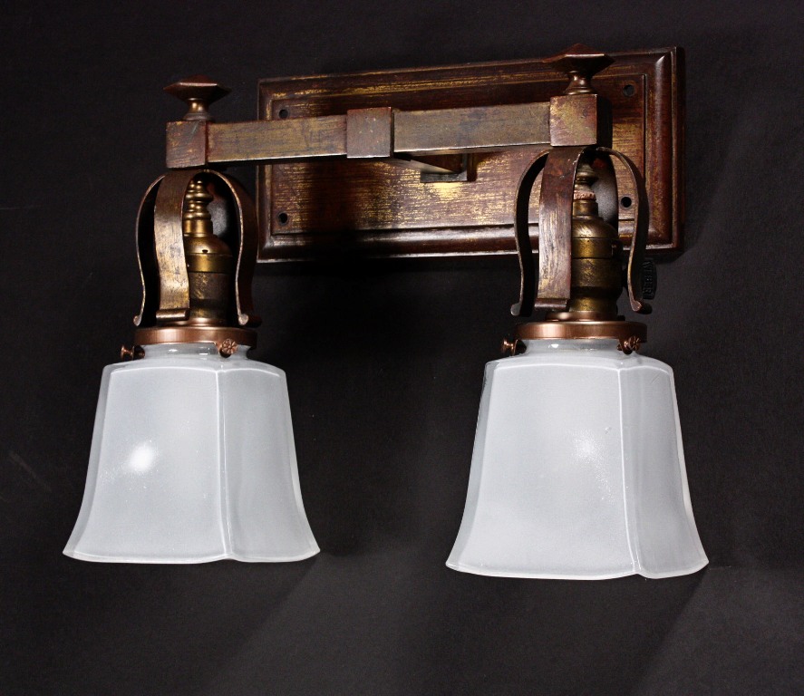 SOLD Amazing Pair of Antique Arts & Crafts Cast Bronze Double-Arm Sconces with Shades-21268