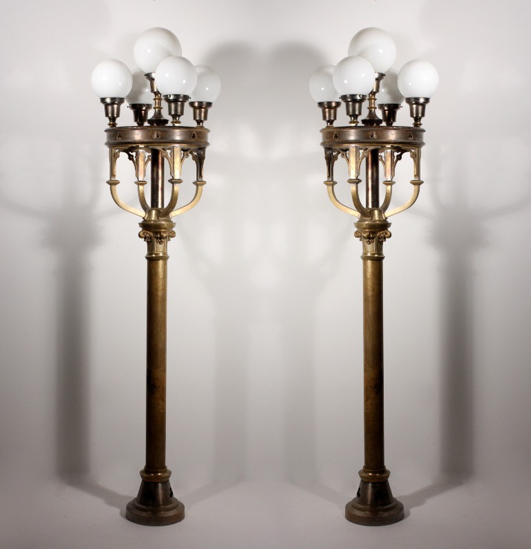 Antique Five Light Cast Brass Lamps, Floor Lamp Globes Antique