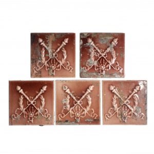 Antique Tile with Torch and Wreath Design, 6″ x 6″, 19th Century