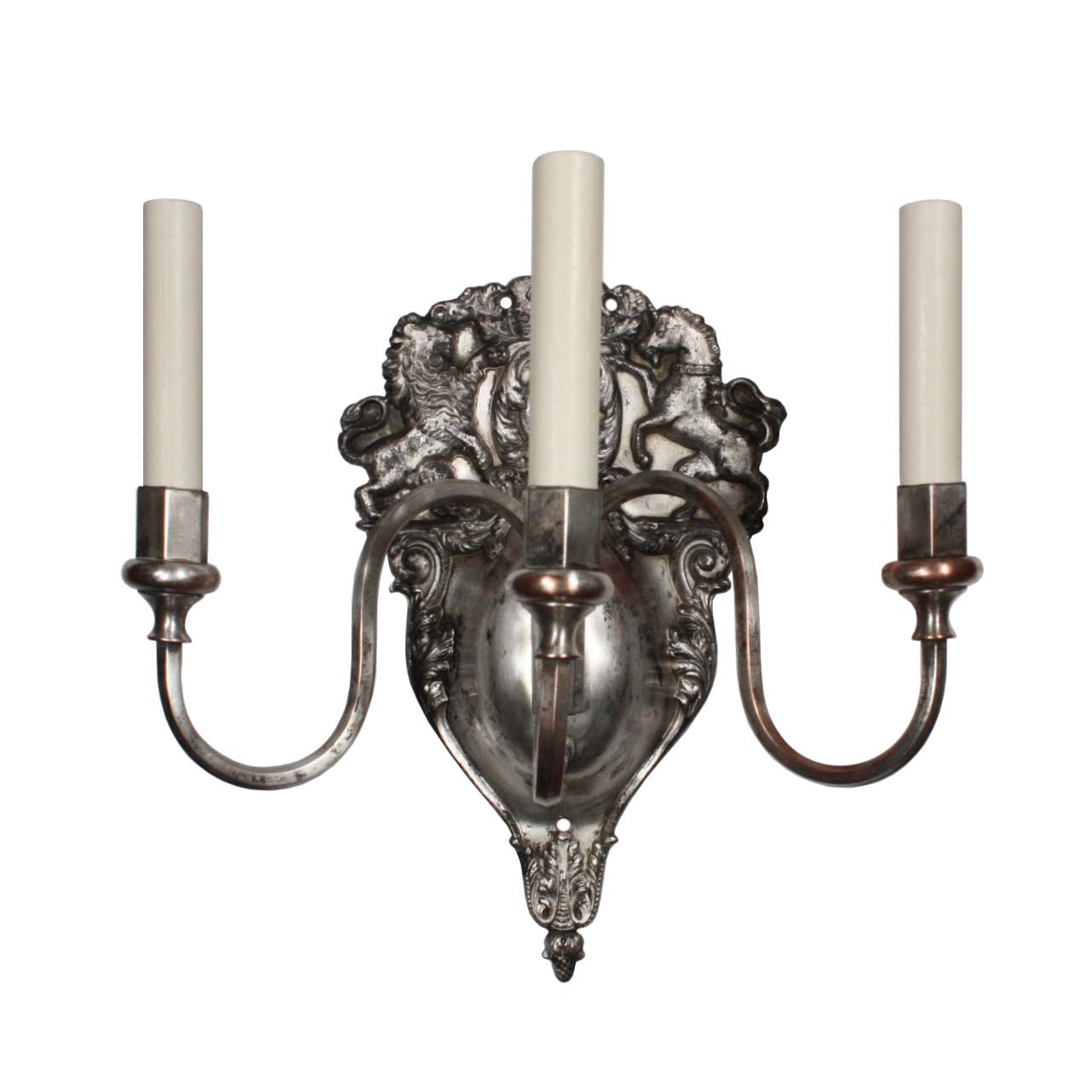 Exceptional Pair of Antique Figural Silver-Plated Sconces, Lions and Unicorns-50434