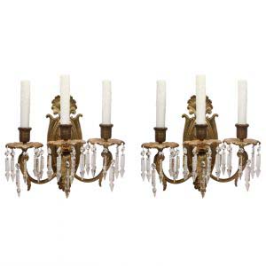 Antique Neoclassical Three-Arm Sconce Pair with Spear Prisms-0