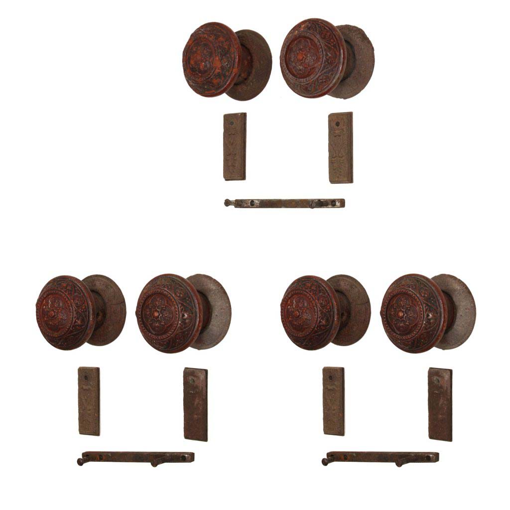 Rare Antique Wooden Door Hardware Sets with Matching Escutcheons, Late