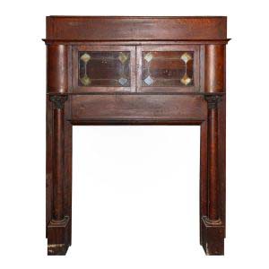 Antique Quarter-Sawn Oak Bookcase Mantel, Stained Glass Cabinets-0